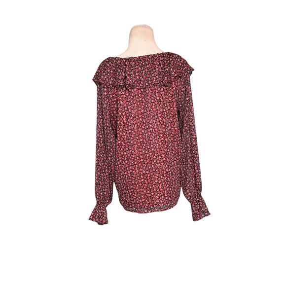 Loft red floral long sleeves ruffled lined sheer blouse size small - Picture 9 of 10